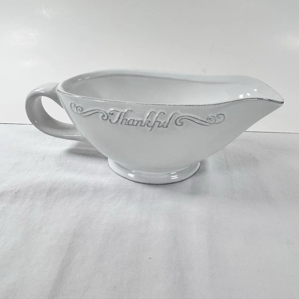 Devotions Collection THANKFUL Farmhouse Gravy Boat Stoneware Off White Embossed
